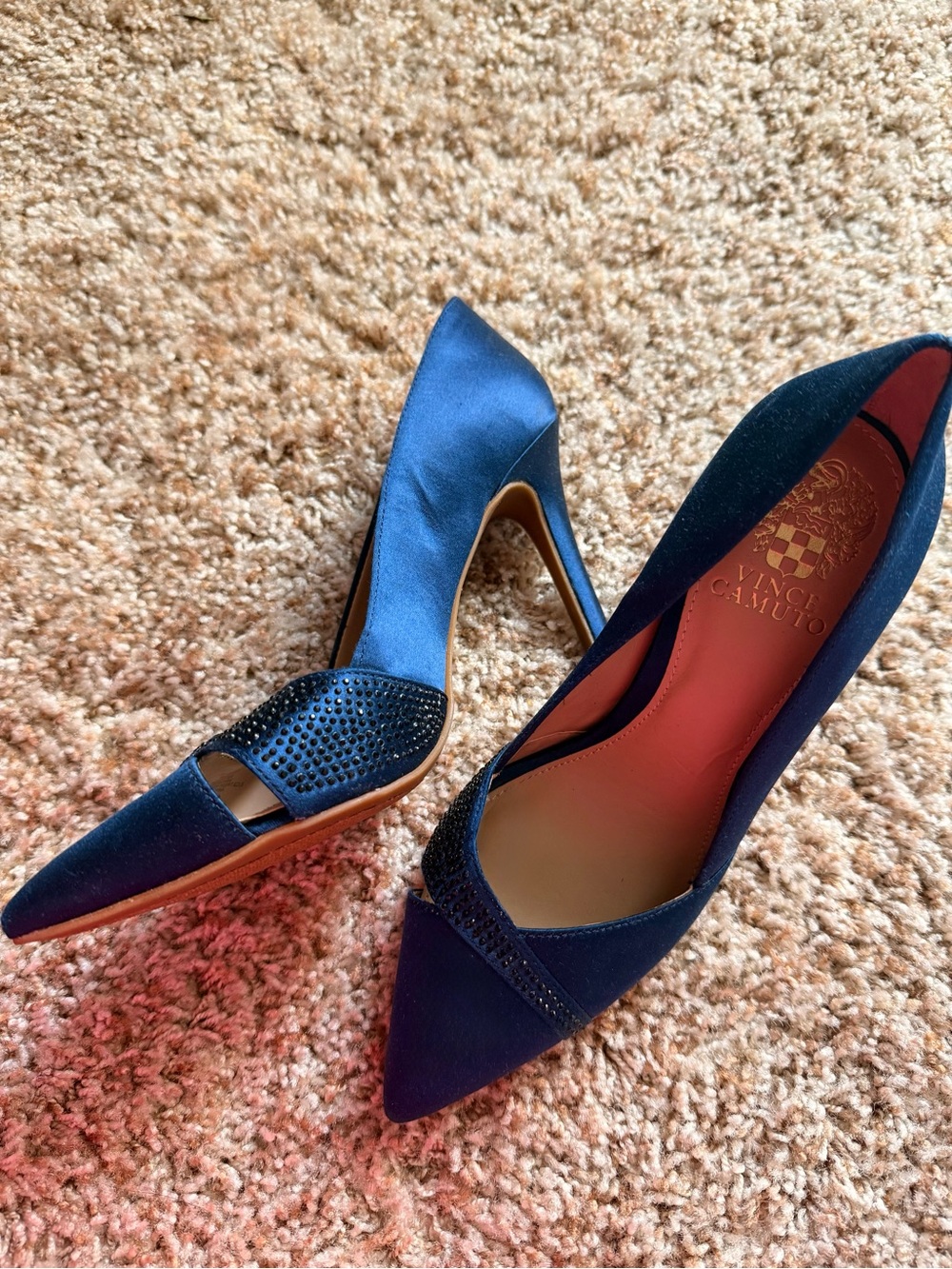 Vince Camuto Navy Satin Pointed Toe Crystal Accent Pumps